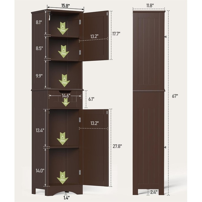 Armoire à linge étroite pour salle de bain, 170 cm de hauteur, armoire de rangement à 5 niveaux en bois massif, modèle autoportant.