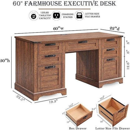 Bureau de direction de style farmhouse de 60 pouces, bureau de travail en bois pour la maison, bureau d'ordinateur