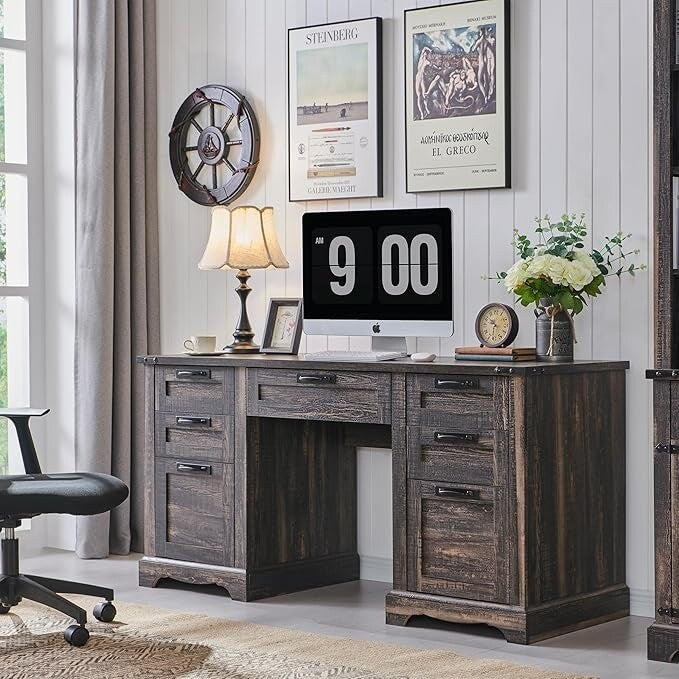 Bureau de direction de style farmhouse de 60 pouces, bureau de travail en bois pour la maison, bureau d'ordinateur