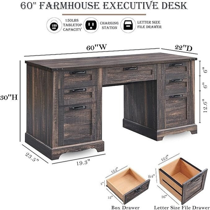 Bureau de direction de style farmhouse de 60 pouces, bureau de travail en bois pour la maison, bureau d'ordinateur