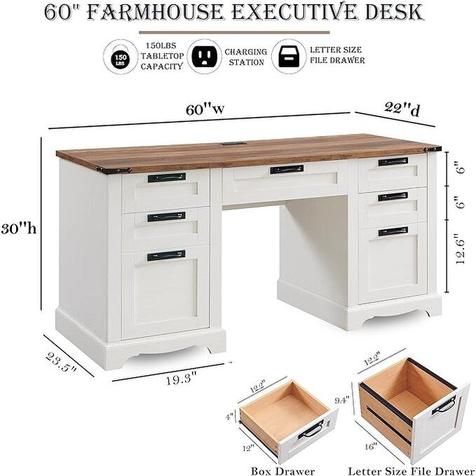 Bureau de direction de style farmhouse de 60 pouces, bureau de travail en bois pour la maison, bureau d'ordinateur