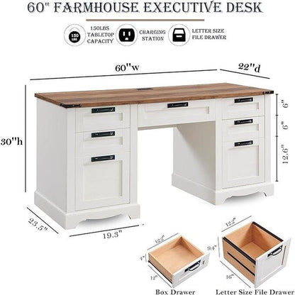 Bureau de direction de style farmhouse de 60 pouces, bureau de travail en bois pour la maison, bureau d'ordinateur