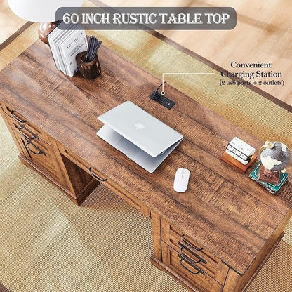 Bureau de direction de style farmhouse de 60 pouces, bureau de travail en bois pour la maison, bureau d'ordinateur
